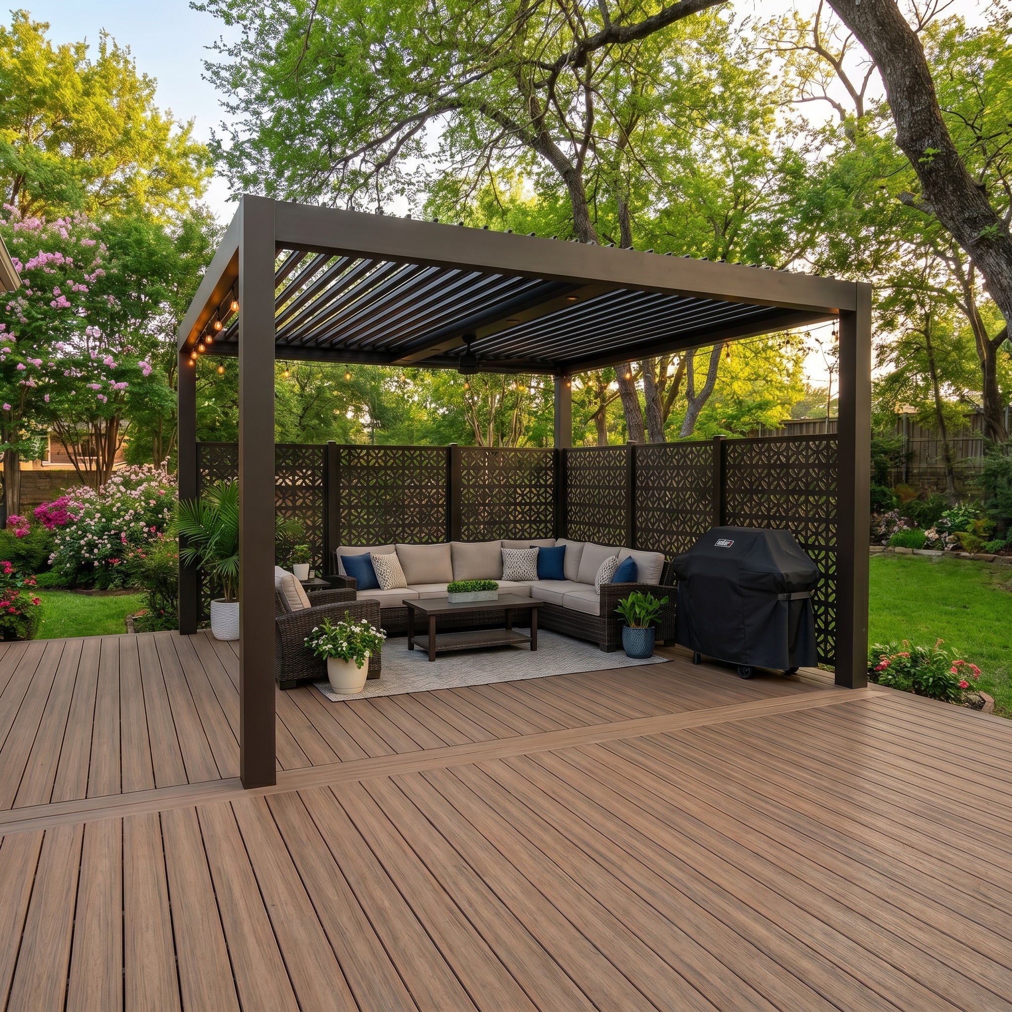 A dark-bronze HIDEAWAY TitanCover aluminum louvered pergola over a composite backyard deck, with matching HIDEAWAY privacy screens along the back wall, a sectional sofa, string lights and a covered grill, surrounded by green trees.